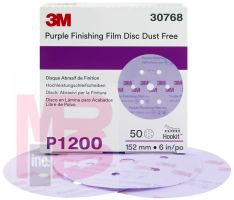 3M Hookit Purple Finishing Film Disc Dust-Free 30768 6 in P1200 50 discs per box 4 boxes per case