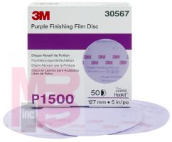 3M Hookit Purple Finishing Film Disc 30567 5 in P1500 grade 50 discs per carton 4 cartons per case