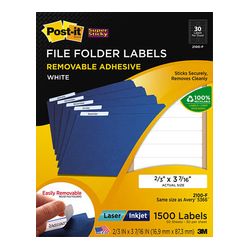 Post-it Filing Labels 2100-F, 2/3 in x 3 7/16 in (16,9 mm x 87,3 mm) White 30 labels/sht, 50 shts/pk