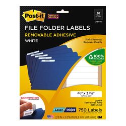 Post-it Filing Labels 2100-H, 2/3 in x 3 7/16 in (16,9 mm x 87,3 mm) White 30 labels/sht, 25 shts/pk