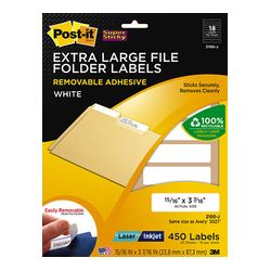 Post-it Extra Large Filing Labels 2100-J, 15/16 in x 3 7/16 in (23,8 mm x 87,3 mm) White 18 labels/sht, 25 shts/pk