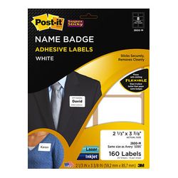 Post-it Name Badge Labels 2800-M, 2 1/3 in x 3 3/8 in (59,2 mm x 85,7 mm) White 8 labels/sht, 20 shts/pk