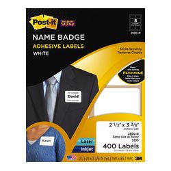 Post-it Name Badge Labels 2800-N, 2 1/3 in x 3 3/8 in (59,2 mm x 85,7 mm) White 8 labels/sht, 50 shts/pk