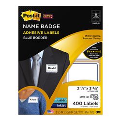 Post-it Name Badge Labels 2800-O, 2 1/3 in x 3 3/8 in (59,2 mm x 85,7 mm) Blue Border 8 labels/sht, 50 shts/pk