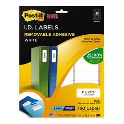 Post-it ID Labels 2500-I, 1 in x 2 5/8 in (25,4 mm x 66,6 mm ) White 30 label/sht, 25 shts/pk
