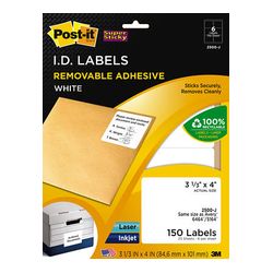 Post-it White ID Labels, 2500-J, 3 1/3 in x 4 in (84,6 mm x 101 mm) White 6 labels/sht, 25 shts/pk