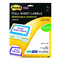 Post-it Full Sheet Labels 2500-L, 8 1/2 in x 11 in (215 mm x 279 mm) White 1 label sheet 25 shts/pk