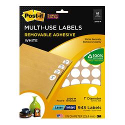 Post-it Multi-Use Labels 2500-M, 1 in diameter (25,4 mm) White 63 labels/sht, 15 shts/pk