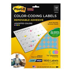 Post-it Color-Coding Labels 2700-N, 3/4 in diameter (19 mm) Assorted Neon 120 labels/sht 15 shts/pk