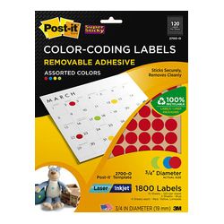 Post-it Color-Coding Labels 2700-O, 3/4 in (19 mm) Assorted Primary 120 labels/sht, 15 shts/pk