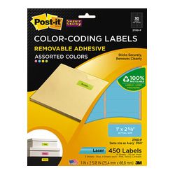 Post-it Color-Coding Labels 2700-P, 1 in x 2 5/8 in (25,4 mm x 66,6 mm) Assorted Neon 30 labels/sht 15 shts/pk