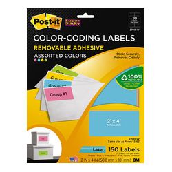 Post-it Color-Coding Labels 2700-W, 2 in x 4 in (50,8 mm x 101 mm) Assorted Neon 10 labels/sht, 15 shts/pk