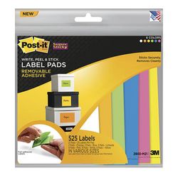 Post-it Label Pads 2900-M21, Multi-Pack, Assorted Neon 225 labels/pk