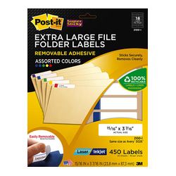 Post-it Extra Large Filing Labels 2100-I, 15/16 in x 3 7/16 in (23,8 mm x 87,3 mm) Assorted Primary 18 label/sht 25 shts/pk