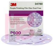 3M Hookit Purple Finishing Film Disc Dust Free 34780 6 in 17 Hole P600 50 discs per box 4 boxes per case