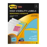 Post-it High Visibility Labels 2500-H, 3 1/3 in x 4 in (984,6 mm x 101 mm) Assorted Neon 6 labels/sht, 15 shts/pk