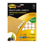 Post-it Multi-Use Labels 2500-M, 1 in diameter (25,4 mm) White 63 labels/sht, 15 shts/pk