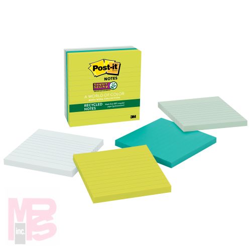 3M Post-it Super Sticky Recycled Notes 675-4SST  4 in x 4 in (101 mm x 101 mm) Bora Bora Collection Lined 4 Pads/Pk
