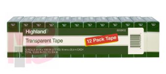 3M Highland Transparent Tape 5910K12  3/4 in x 1000 in (19 mm x 25.4 m) 12 Pack